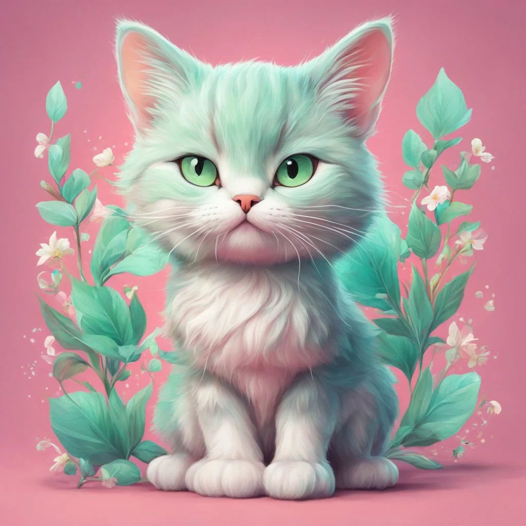 A delightful and adorable cartoon illustration featuring a cute mint-colored cat against a charming pink background, (delightful illustration:1.4), (adorable cartoon cat:1.5), (charming pink background:1.3), (expressive mint hues:1.2), inspired by the styles of cute cartoon artists, trending on ArtStation, Intricate, Sharp focus, vibrant lighting, (whimsical:1.4), (playful ambiance:1.3), (lush fur details:1.5), Cartoon, Masterful, Captivating, High Detail, Cinematic view