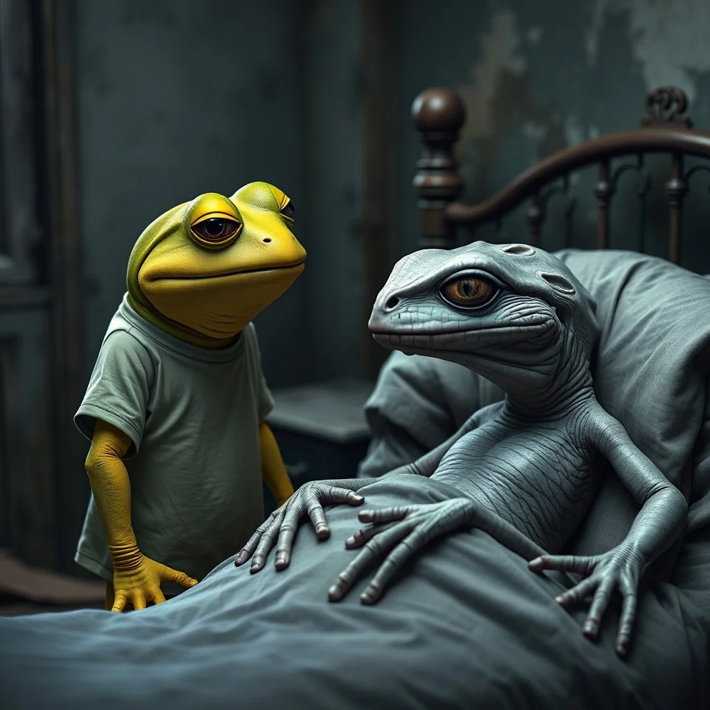 a sad , large, yellow-green frog wearing a t-shirt, standing in an old, dilapidated room next to a bed. In the bed lies a pale gray, ancient and wrinkled lizard-medusa-frog mutant creature with two long tentacle arms, a large head, and big half-open black eyes with eyelashes. The blanket partially covers the creature. The frog gazes at the lizard creature, while the background is blurred, adding to the eerie atmosphere. The detailed, realistic rendering