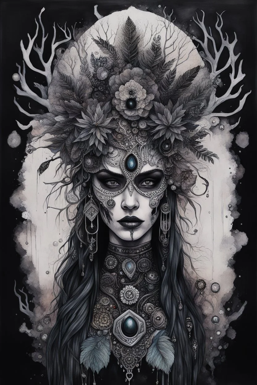 portrait vantblack pouring Acrylic an cyberpunk shaman woman extremely textured botanical-metal faced portrait with a voidcore metal gothica headdress with metallic filigree gothica ornaments around onix stones mineral stone metallic watercolour an black ink filigree silver voidcore shamanism foral ornaments plants and tree branches black ink on half face masque gothica filigree voidcore athmospheric organic bio spiral ökoart creepy stunning