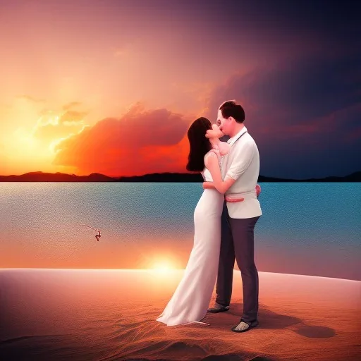 2 lovers last kiss in sand island with tent and river background