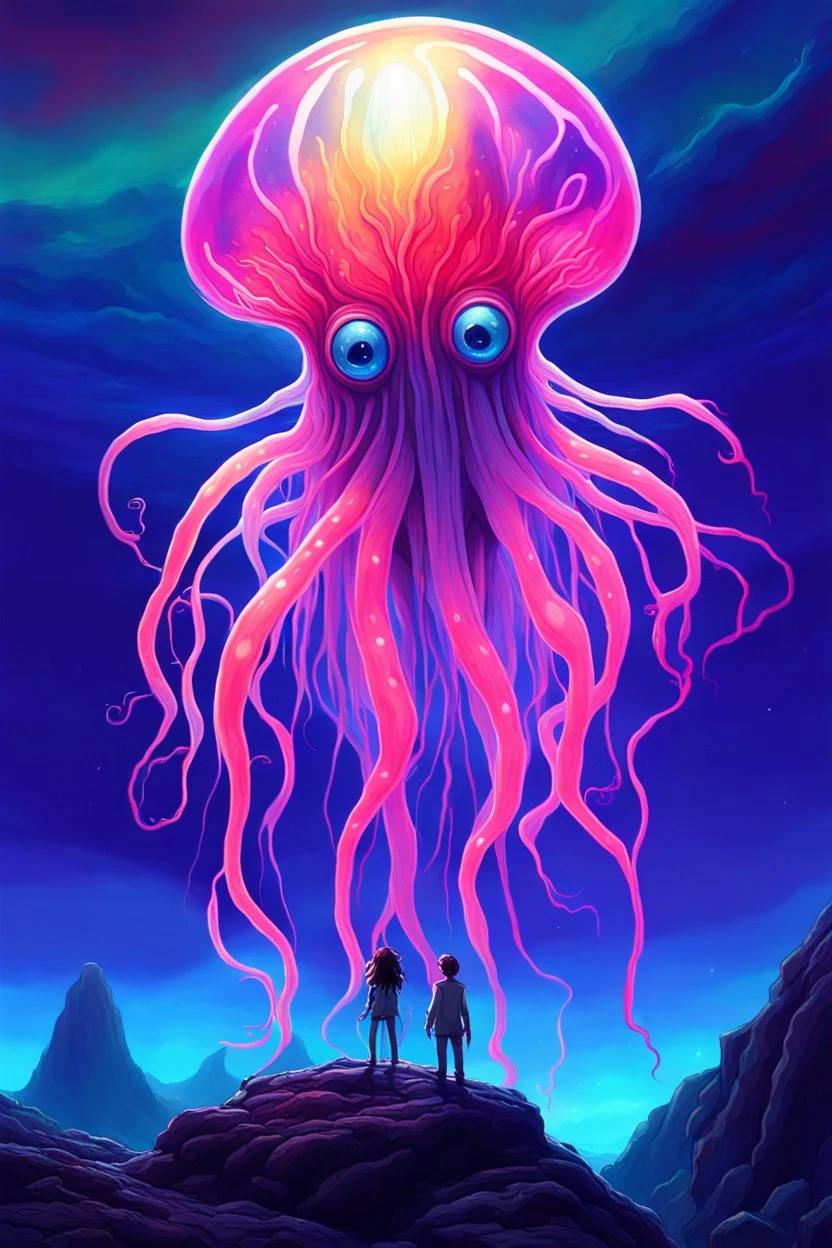 DALL-E 3 P: P: A stunning oil painting in anime style depicting a scary yet colorful creature with translucent, luminous qualities like a jellyfish. The creature has many detailed, iridescent eyes, multiple arms, and large ears. This creature is set against the backdrop of an incredible alien paradise planet at sunset, with vibrant colors and exaggerated perspective. The masterpiece showcases mother of pearl iridescence and holographic whites, creating a terrifying and horror-like atmosphere. Th