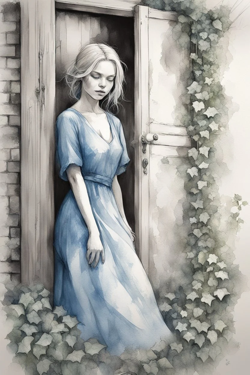 b&w sketch art, close up white woman in a blue vintage dress, background old wooden door, overgrown with green ivy with blue flowers, cracks, brick, sepia, watercolor, by Ryohei Hase, Agnes Cecile, Raymond Swanland, Anne Bachelie