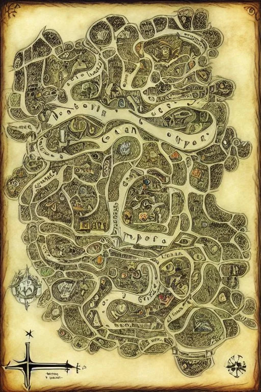 dnd, fantasy, map of the city, demonic, diagram, map, parchment, illustration,