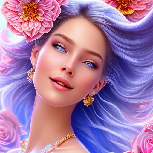 Beautyful smiling young woman, long hair amazing blue eyes, flowers, happy cosmic, bright colors, blue, pink, gold, jewels, realistic, photo real, clear sunny background, highly detailed, high contrast, 8k high definition, unreal engine 5, extremely sharp detail, light effect, sunny light background