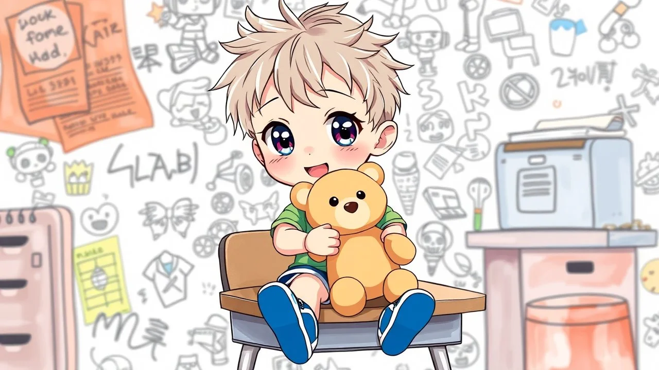 detailed digital art style, cute anime, detailed chibi face with smile, sitting on school desk in hand a bear toy, in colorful t-shirt and short paint and blue shooes, , messy hair random drawing background, child book style, highly detailed, no photorealism