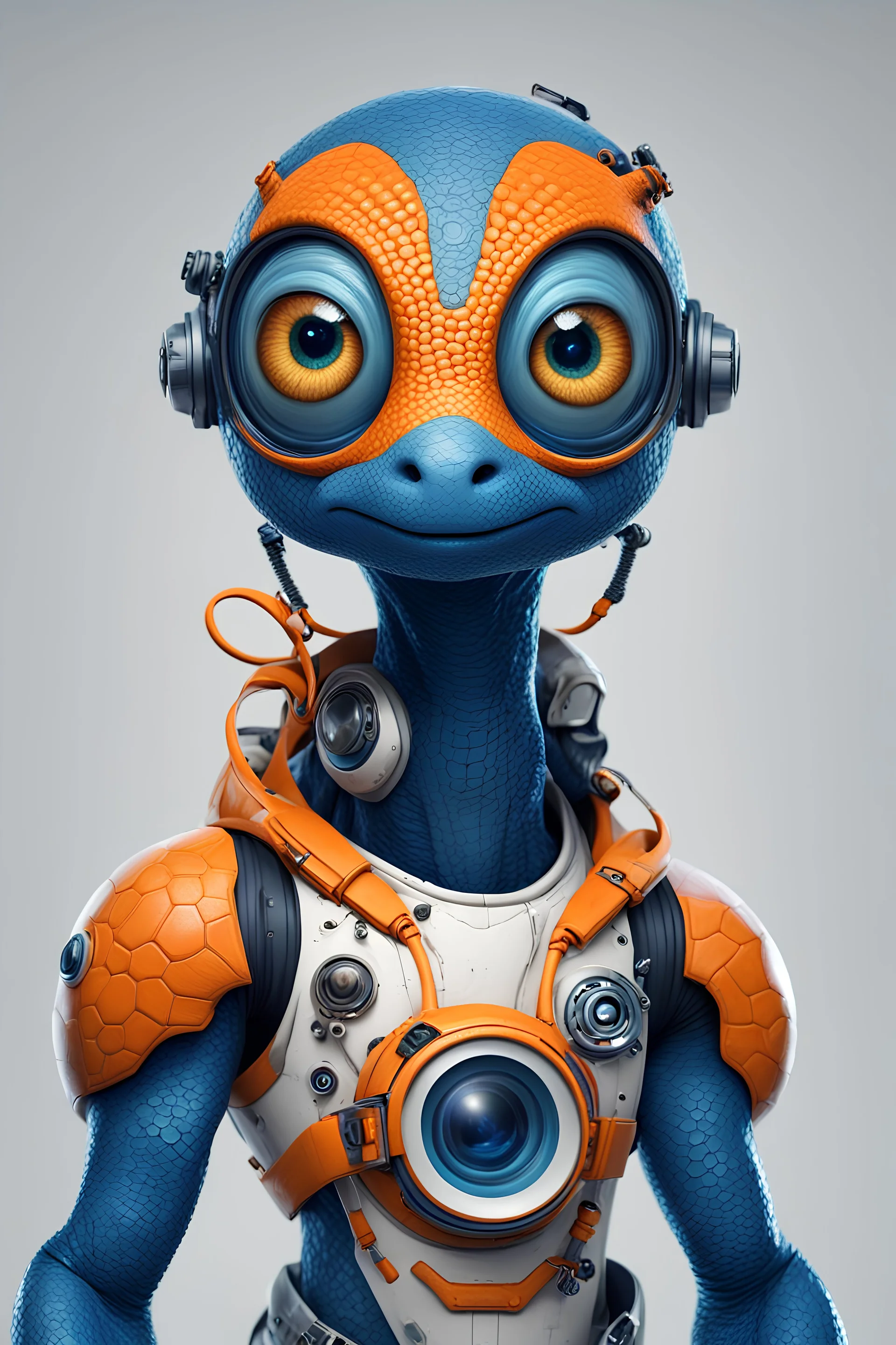 Astronauta reptil color azul, con ojos grandes, cabello anaranjado,con tatuajes y con accesorios tecnológicos. Plano lejano del planeta tierra.