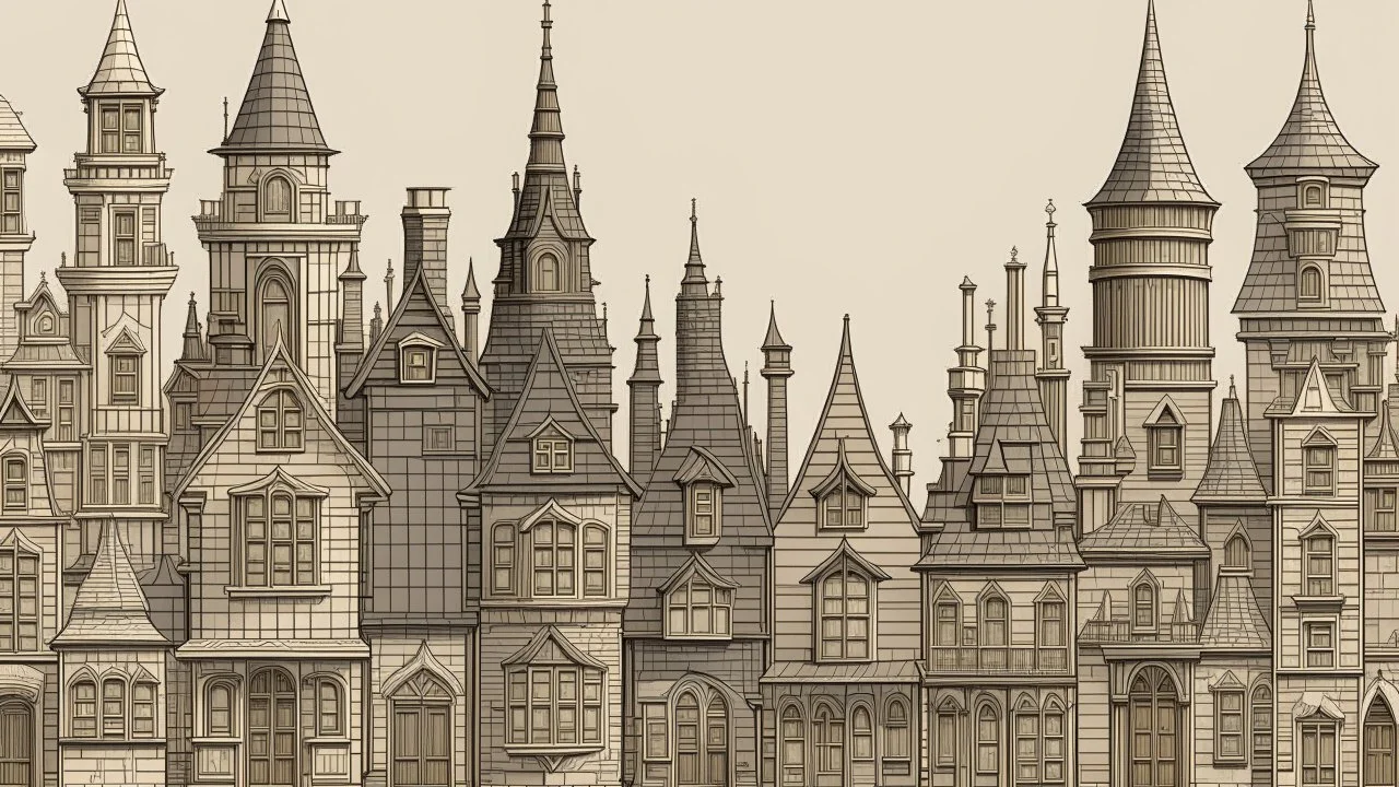 A highly detailed front elevation line drawing of a row of fantasy houses of different heights with tall chimneys, rooms and floors added to sides and roofs, like Harry Potter's Diagon Alley, inspired by Moebius