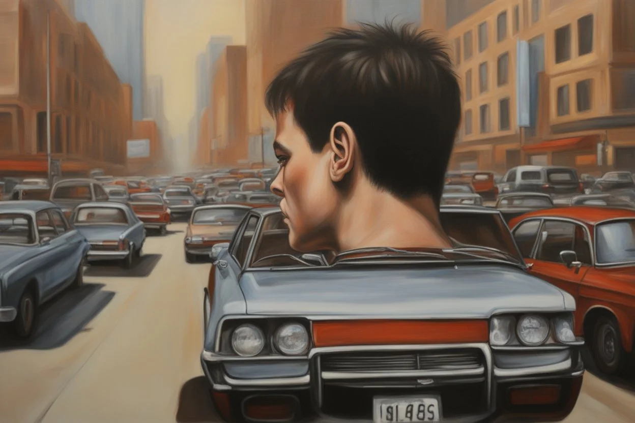 city, cars, people, gary numan influence, realistic painting