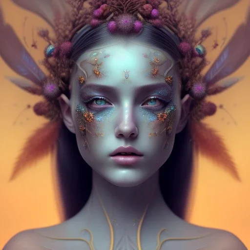 Portrait of beautiful girl, face dept of field,face shining, plant, metal, feathers, Dryad, fae, sidhe, ominous, nature, plants, wildflower sparkle,wildflower 3d view, facepaint, dnd character portrait, intricate, oil on canvas, masterpiece, expert, insanely detailed, 4k resolution, retroanime style, cute big circular reflective eyes, cinematic smooth, intricate detail , soft smooth lighting, soft pastel colors, painted Renaissance style,sharp fucus, bokeh,macro lens, 1500mm lens