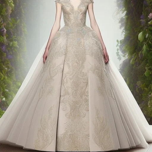 stunning couture gown designed by Marchesa inspired by fairytales, realistic, detailed, high quality, intricate, dreamlike background, soft pastel colors