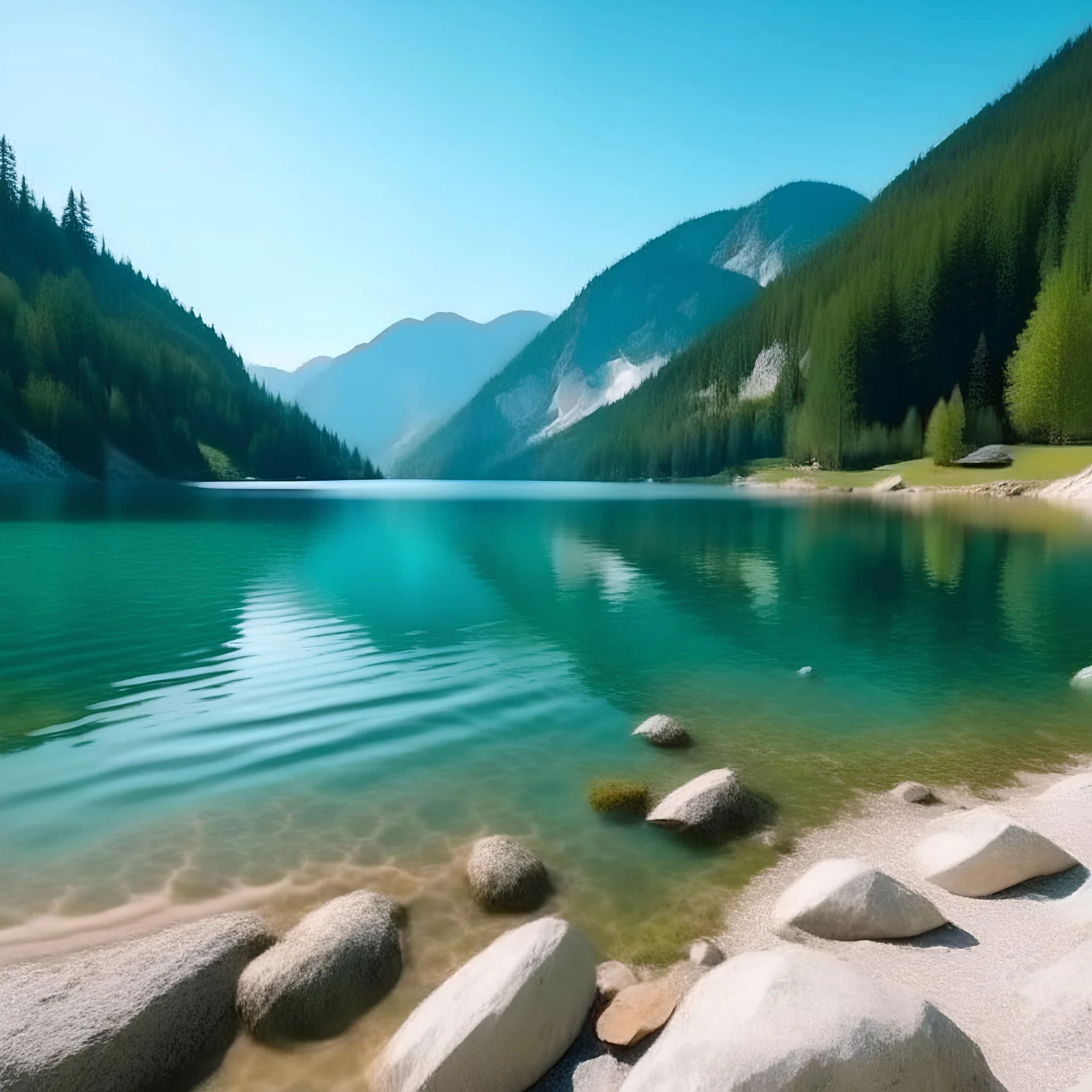 ver paisaje con lago entre montañs, playas con arena, agua tranquila y peces saltando en ellas