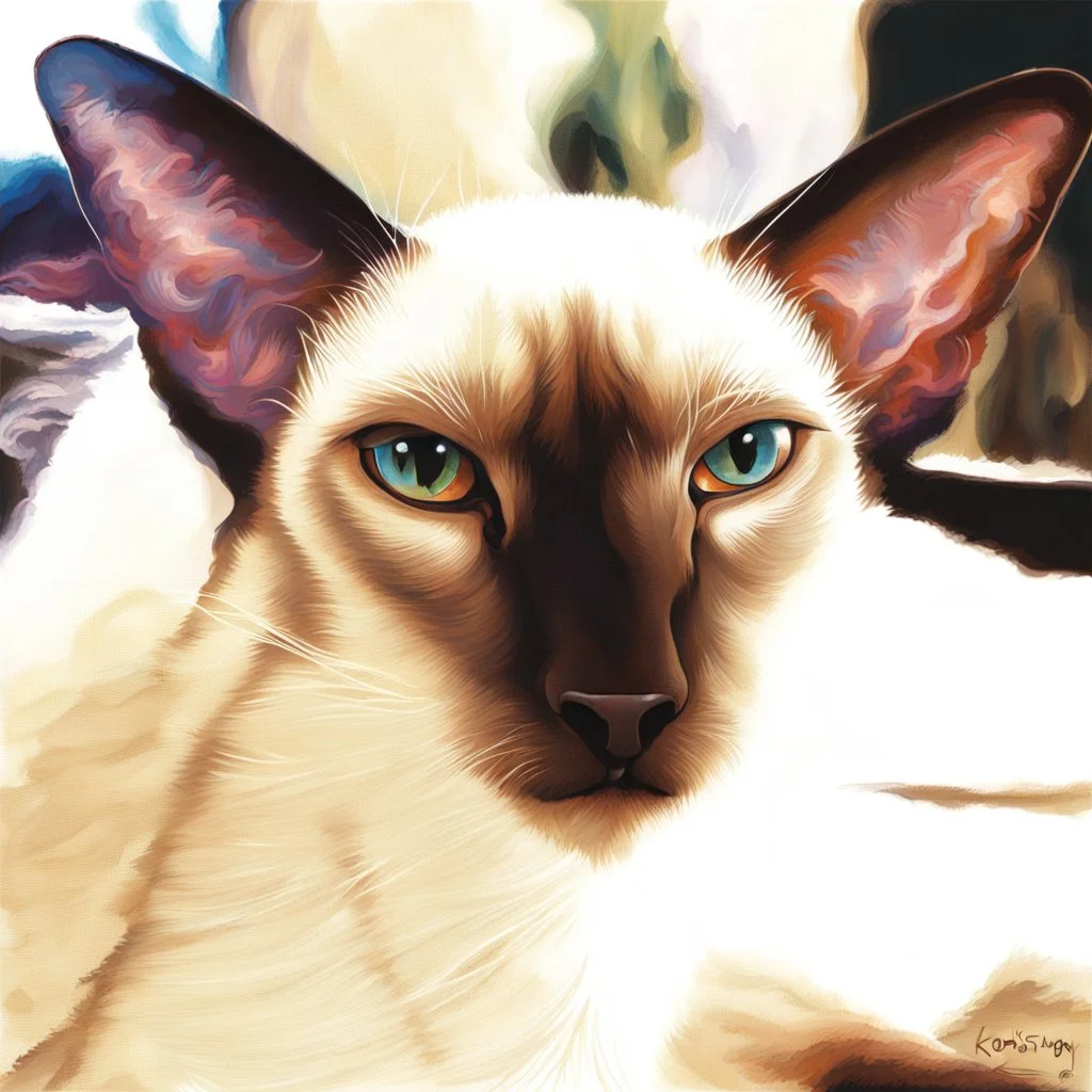 art by Boris Kostygov, intricate detailed Sphynx siamese cat with blue eyes