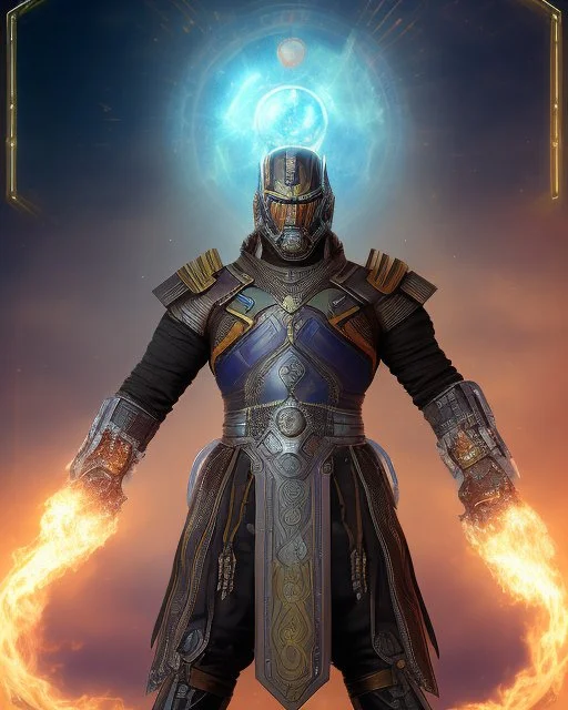 An armor made of a mixture of steel and leather, worn by a strong commander with magical power K's infinity gauntlet has six infinity stones While standing on a majestic height from afar A flaming-eyed commander with flaming light blue pupils stands atop a squire