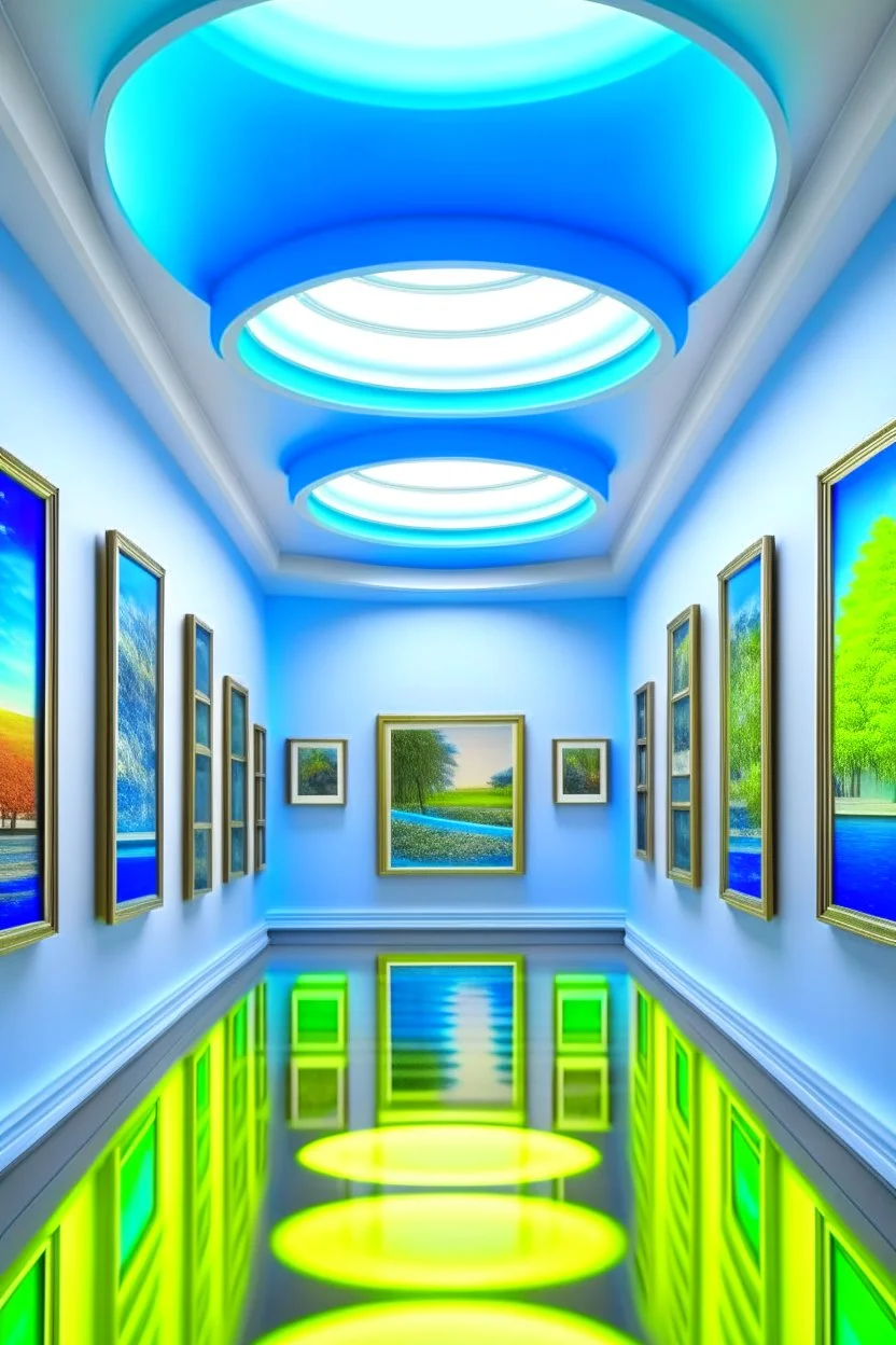 3 D-shot A hall for displaying art paintings The walls are in the shape of an oval and there is an oval wall in the middle of the hall to divide the hall into two parts and the paintings are hanging on the walls and the walls are made of glass and the colors of the glass are blue and the floor is white