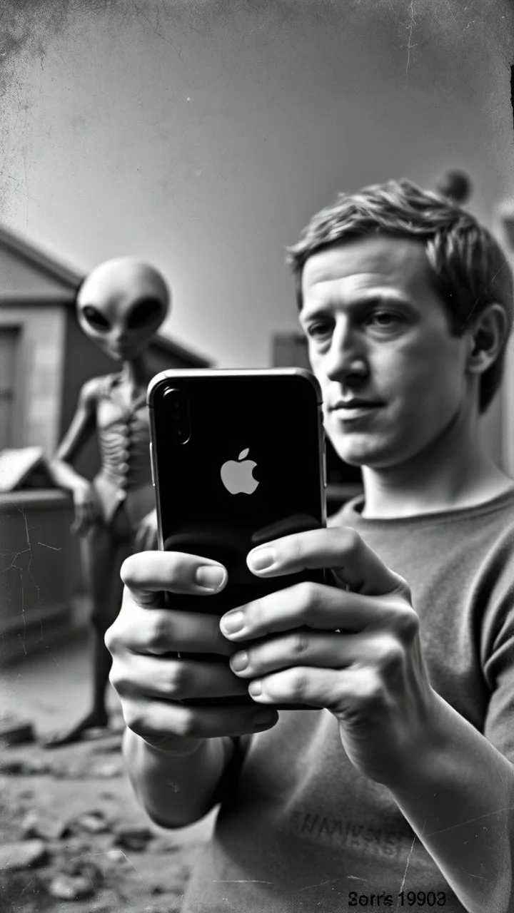 An old picture style of black and white and very bad quality old camera with cracks of Mark Zuckerberg holding an IPhone the year 1900 in the background an alien watching the iPhone with mark