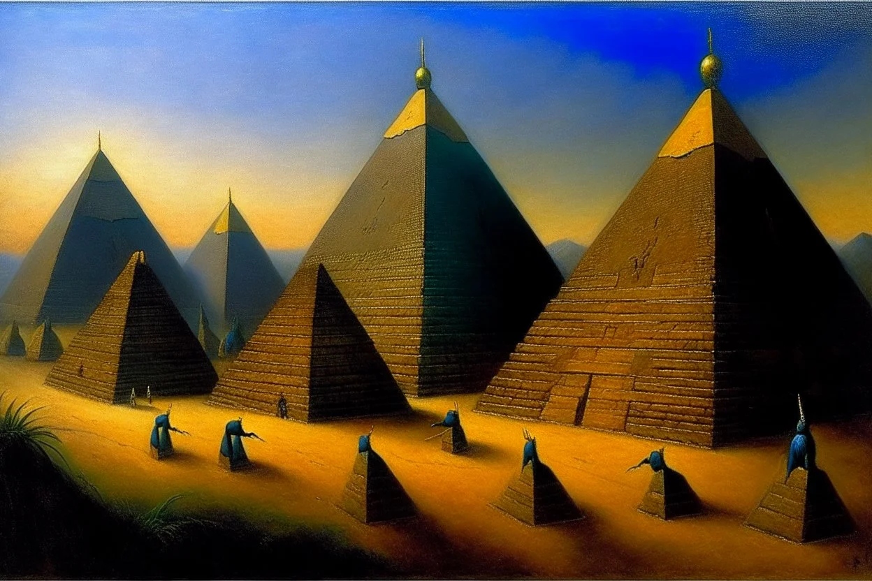 Pyramids with scarabs on them painted George Seurat