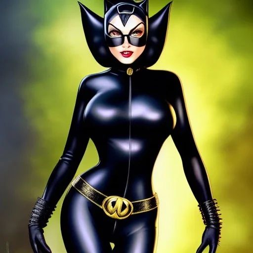 ultra detailed fullbody portrait of busty beautiful CatWoman, wearing skintight Black costume, extremely detailed digital painting, intrincate, extremely detailed smiling face,crystal clear Big Green eyes, in the style of Adam Hughes , mystical colors , perfectly centered image, perfect composition, rim light, beautiful lighting,8k, stunning scene, raytracing