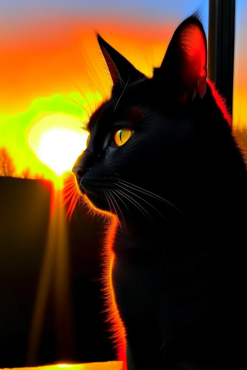 A black cat staring at the Sun rise