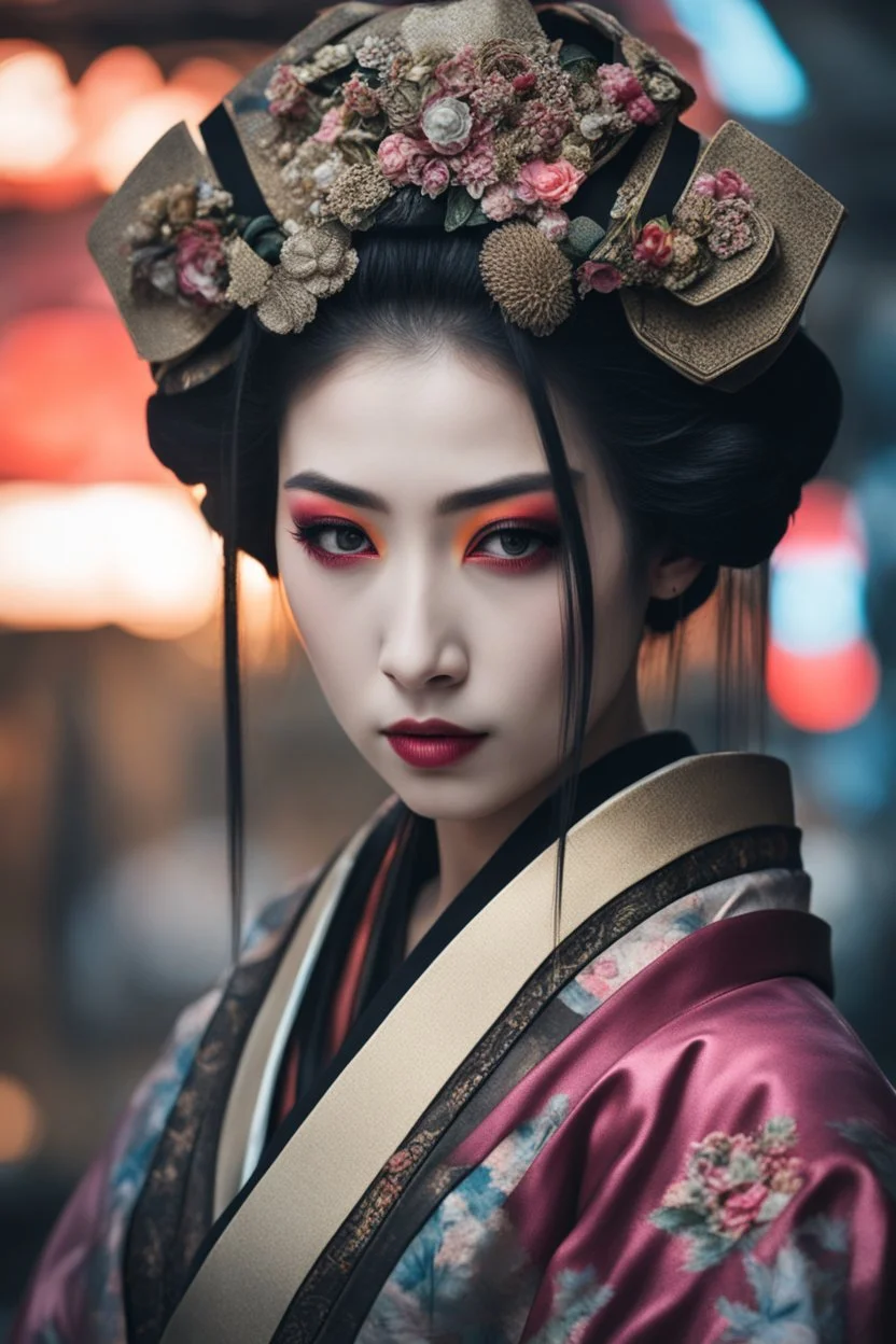 ((Lost suit)),((lost clothes)),Ultra realistic photo beautiful cyberpunk geisha woman , futuristic style, HOF, captured with professional DSLR camera, 64k, ultra detailed,