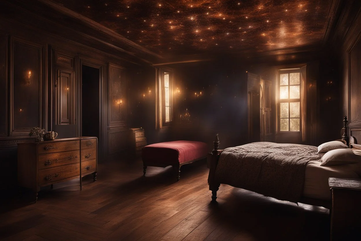 strange evening in vintage bedroom, deep dark colors, old wood floor, old antique bed, translucent walls, sharp contours, old balkony, ceiling the galaxy with stars, nightly lights, etheral, mystic, stunning, cinematic