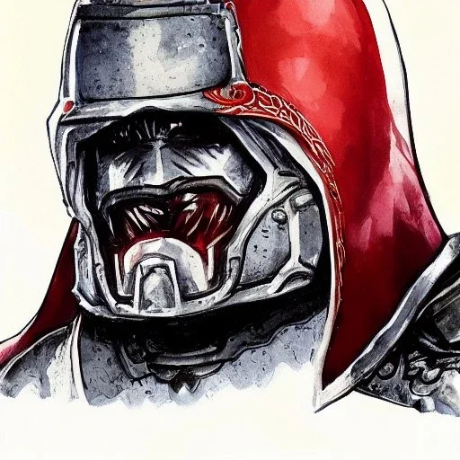 dungeons and dragons, fantasy, dwarf, dark priest, full plate armour, ironclad, dark silvery metal, dark red glow, watercolour, large strokes, distinct face, portrait, head