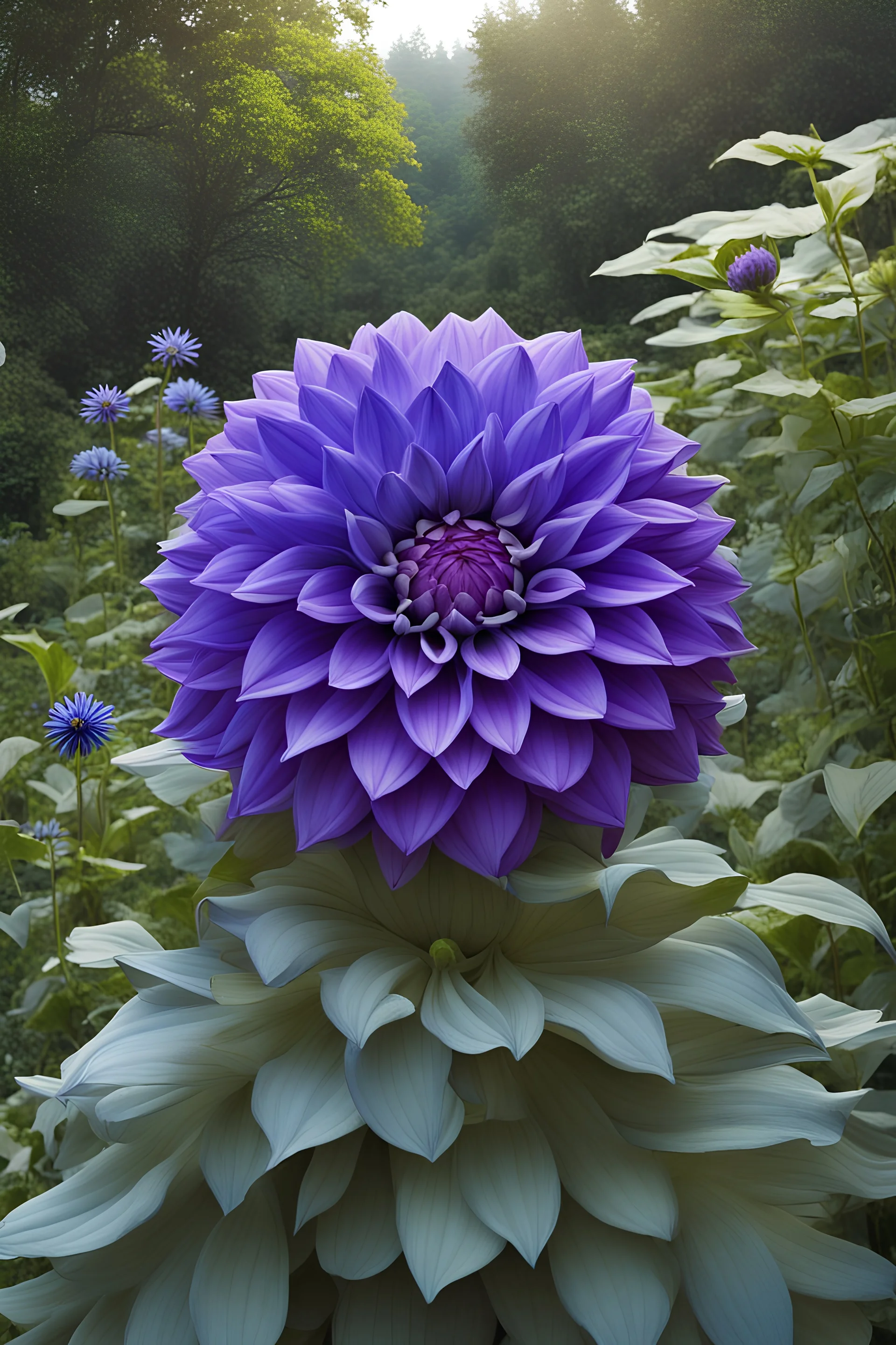 giant magic dahlia, dahila 300m_size, magic flolwer above forest, blue dahlia, dahila higher than forest magic flolwe higher than forest