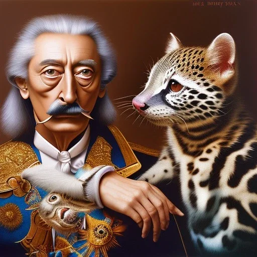 Salvador Dali embraces his pet ocelot Babou , hypperealism , surrealism , outlandish , extreme, high definition ,eccentric, precise craftsmanship, high detailed, vivid deep colours,triple colors complex, oil on canvas ,8k portrait,sharp,beautiful faces ,beautiful eyes ,elegant moustache,smooth and elegant results, focus, close up, fantasy view ,intricate ,masterpiece, by Salvador Dali .