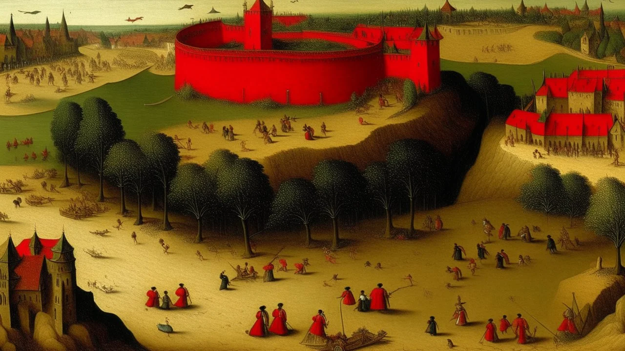 An orangish red beach near a vampire castle painted by Pieter Bruegel the Elder