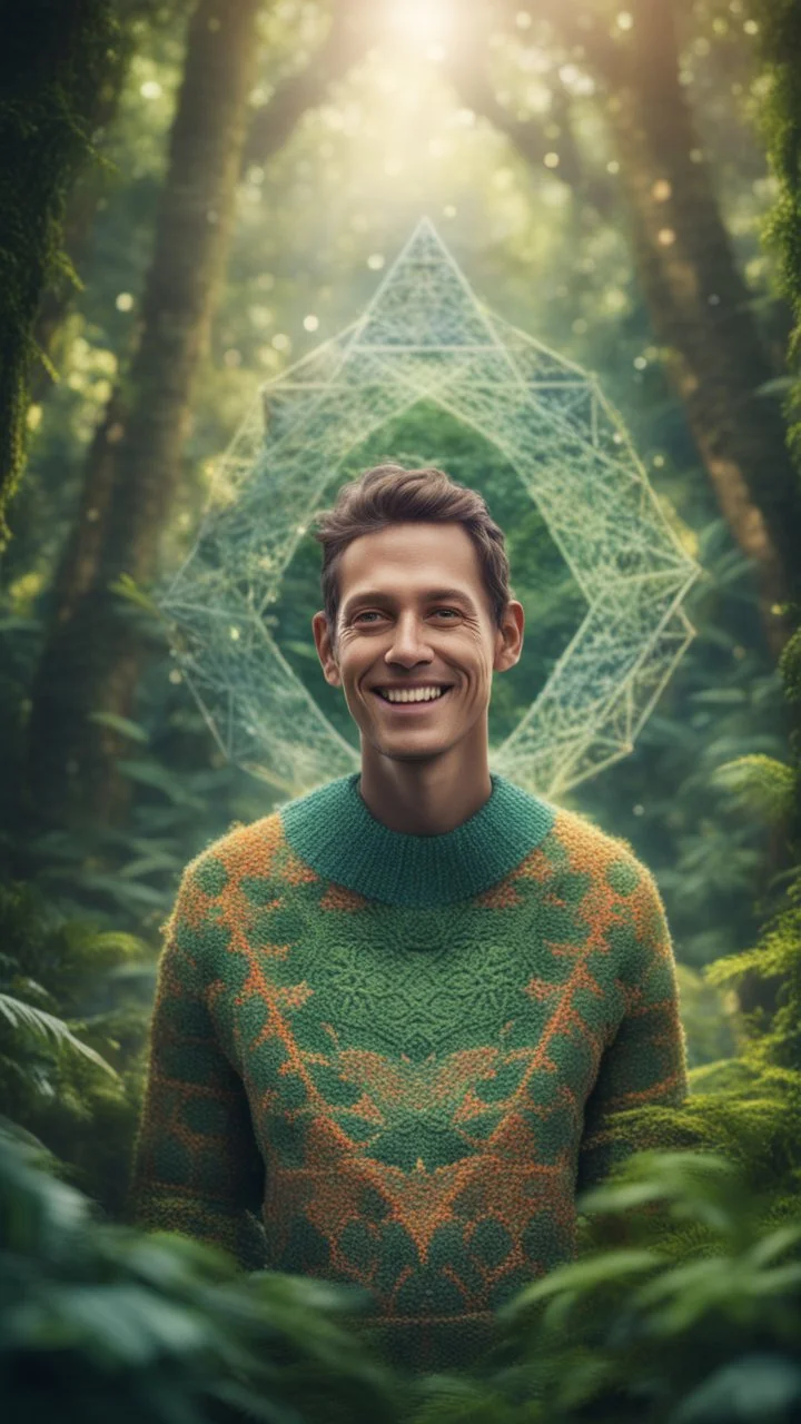 portrait of a happy blissed person woven into a sacred geometry knitted tapestry tower in the middle of lush magic jungle forest, bokeh like f/0.8, tilt-shift lens 8k, high detail, smooth render, down-light, unreal engine, prize winning