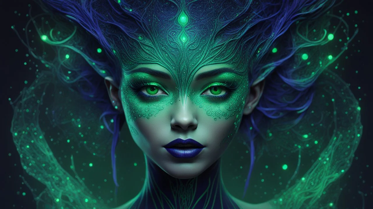 6 feet, with a slender and graceful figure. skin is a mesmerizing blend of deep, dark, reminiscent of a moonlit forest.midnight blue, emerald green, and deep purple. The skin is intricate patterns that resemble constellations, eyes are large, glowing with an eerie, phosphorescent light.a piercing shade of neon green,aura.face is framed by long, flowing tendrils of bioluminescent hair, reminiscent of glowing jellyfish tentacles.