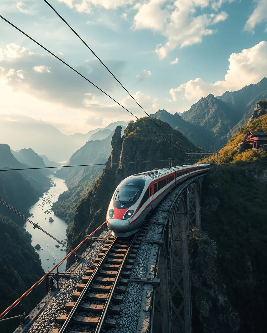 Long distance view Realistic Photography Panoramic style electric bullet train, atmospheric beautiful electric bullet train, rides in stunning bridge river and mountain landscape, mountain gorge, bright color palette, high detail, perfect composition, cinematic shot, intricate details, hyperdetail