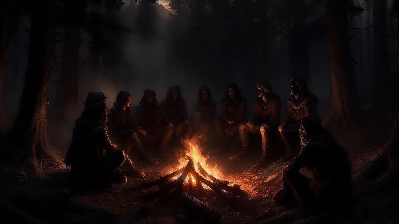 Friends gather around a blazing fire in the middle of the bloody night, where the flames speak the language of darkness and the pages of the history of the abandoned forest turn. The flames cast terrifying lights that shadow their faces, revealing a tension that suggests the scary stories that fill the night. Friends line up next to each other, surrounded by their echoes and the dark shadows of trees. Someone passionately tells a tragic story involving evil spirits and mysterious events in this