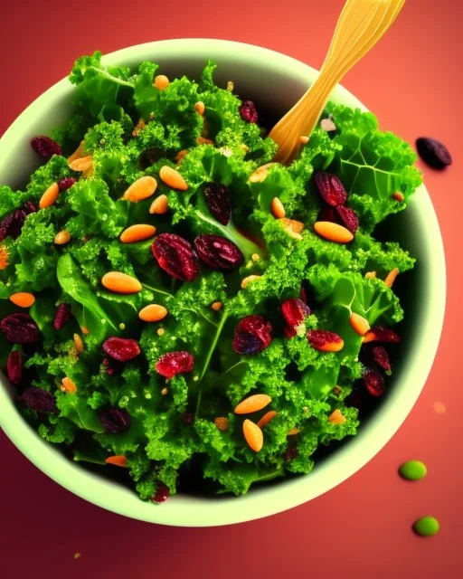 a bowl of salad that contains kale, carrot, avocado, dried cranberries, sesame seeds. Realistic photo. HD. Glowing. 3d style