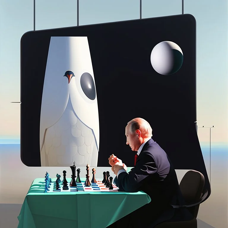 Putin, President Xi Of China And Joe Biden Play Chess With A Pigeon,Ufo And Atomic Bomb Mushroom Cloud,Complex Surgical Instruments Intermixed With A Newborn Boy,Minimalism,Painting By Adrian Ghenie,Rene Magritte,Pablo Picasso,Michelangelo,Salvador Dali,Lucian Freud