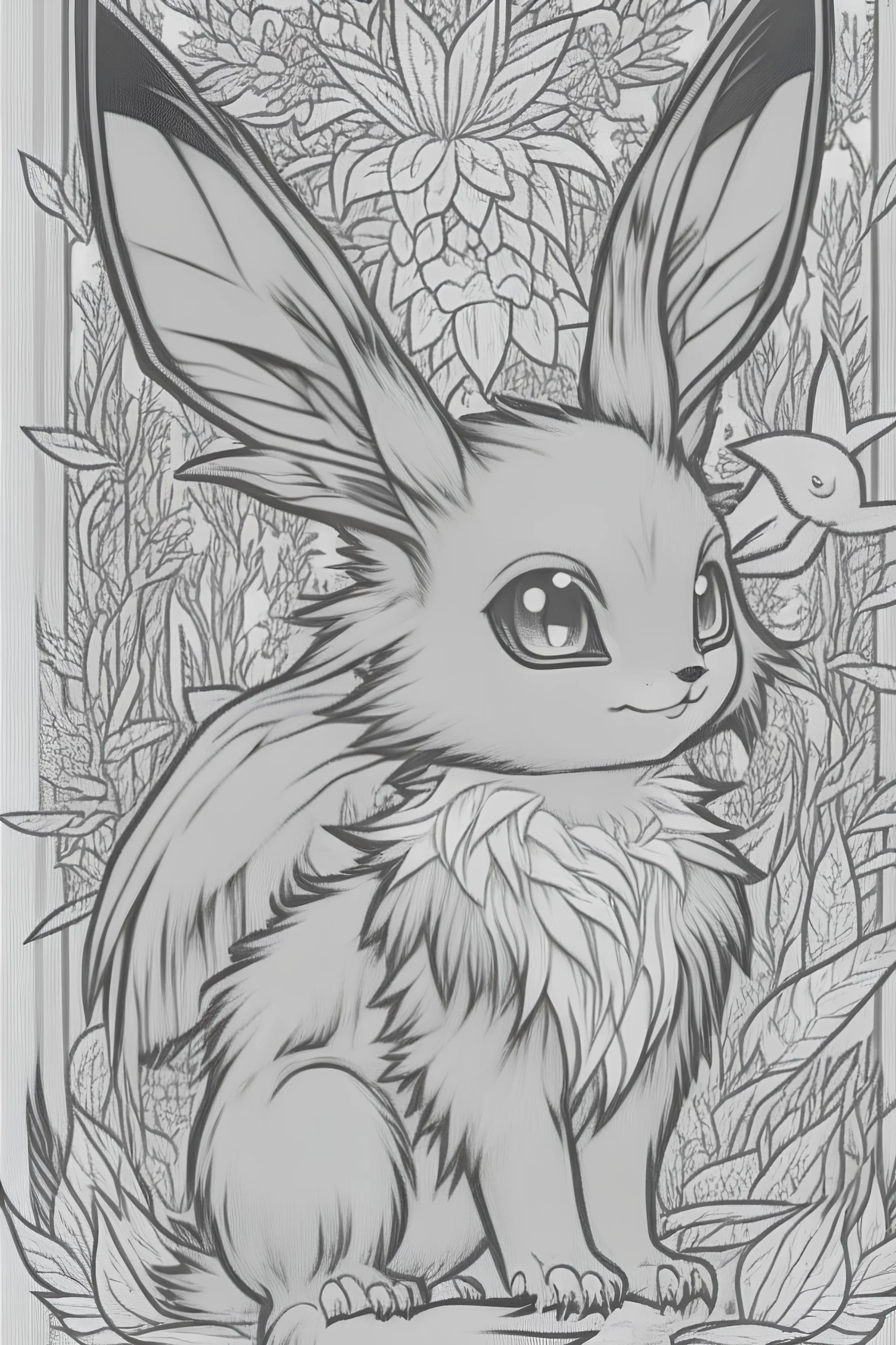 coloring book page of a magical eevee pokemon, monochrome, black and white, sharp, sketch drawing