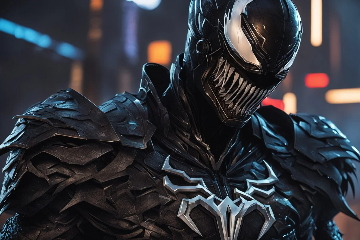 Venom Shredder in 8k solo leveling shadow artstyle, reaper them, close picture, rain, Shredder helmet, neon lights, intricate details, highly detailed, high details, detailed portrait, masterpiece,ultra detailed, ultra quality