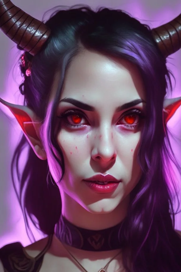 A portrait of a beautiful young female tiefling bard with deep red skin, fiery glowing eyes. A pair of symmetrical horns are protruding from her forehead. She has long black hair tied up in a ponytail and sidebangs.