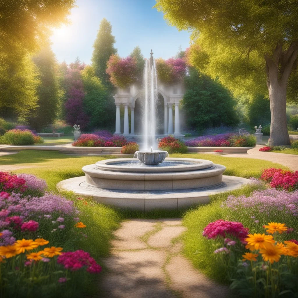 A romantic, bright place with a bench and fountain, lots of colorful flowers all on a sunny meadow. Water flows from the fountain