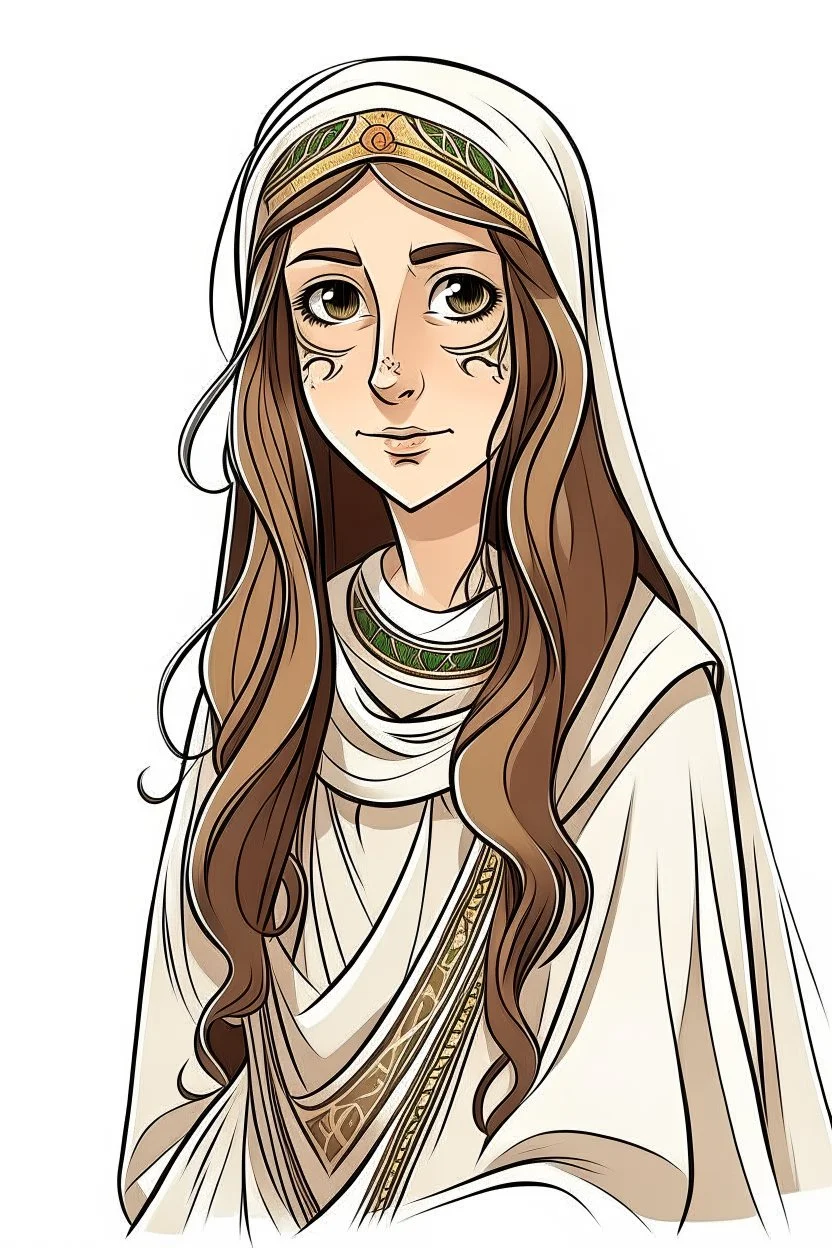 "Draw an Arab character, a girl wearing traditional Arab clothing, indicating her royal lineage. She has long brown hair and wears a bandage over one eye."