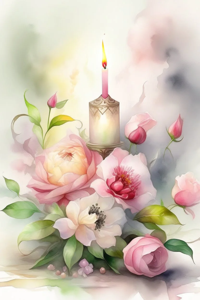 MAGIC A PYRAMID CANDLE IS BURNING AROUND WONDERFUL FLOWERS English watercolor, Smoky cream, pale gray, pale pink, pink background. bright light, a bouquet of roses on the table are pale pink, pale bordeaux, white, ochre. green stems, the light is translucent. Watercolor, fine ink drawing, peonies in an hourglass, elegant gold inlay, rich interior