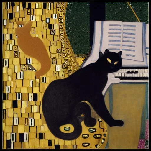 cat playing piano in style of klimt painting