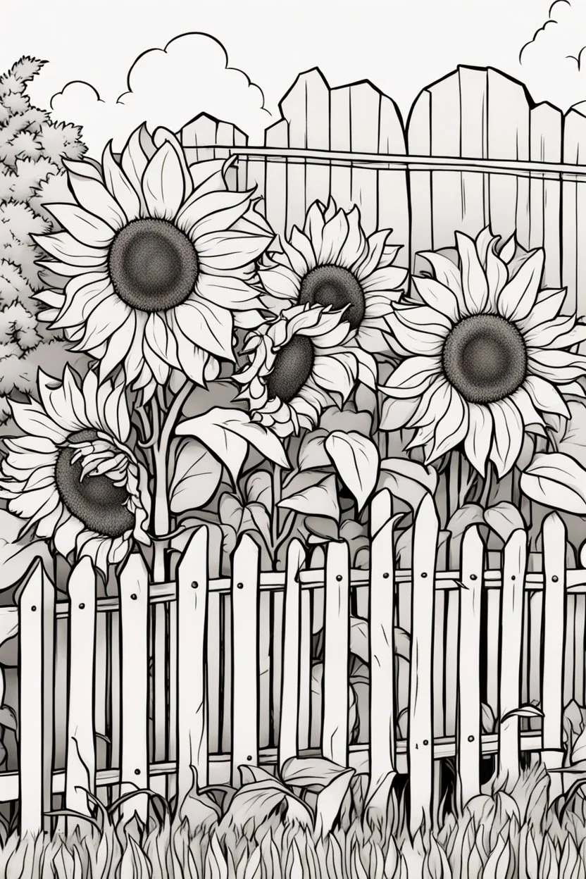 coloring page, sunflowers by the fence, cartoon style, thick lines, low detail, no shading