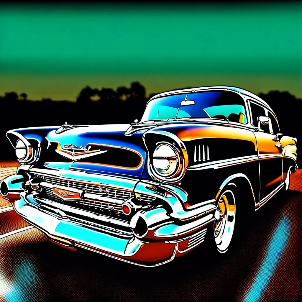 Detailed illustration of a [1957 Chevy], metallic body in [black], with subtle rust spots and faded paint details. The car is parked, chrome accents and custom wheels catching the light. The background shows [drag strip], with a [SKY GRADIENT COLORS]. The style is cinematic, bold, and vibrant, masterpiece digital painting with high detail and game-art inspired realism.
