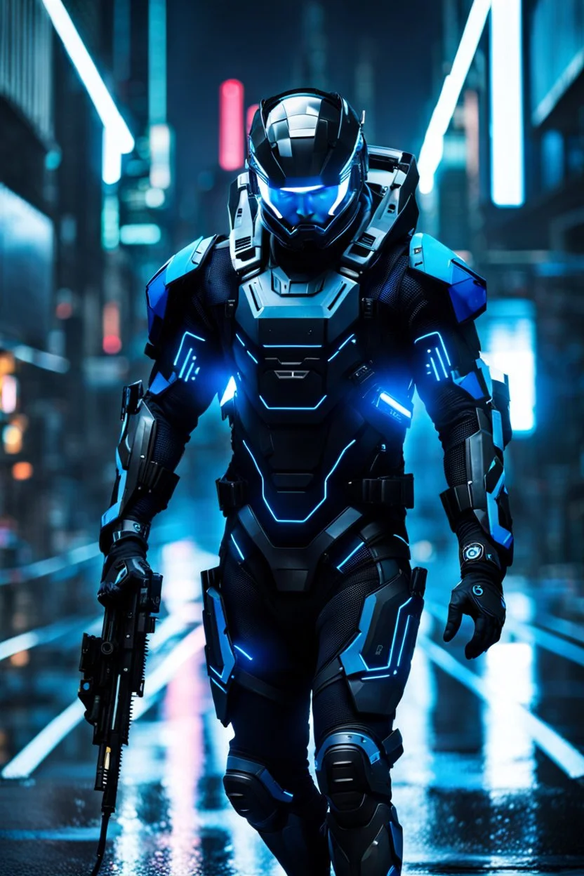 cyberpunk, neon blue, high technology, geometric figures, orbiting figures, cyberpunk suit, black and blue, epic, rain, neon blue suit, geometric figures orbiting around suit, exosuit, male