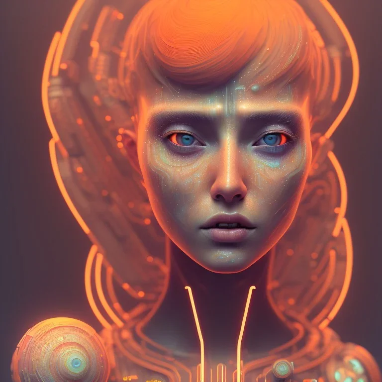 A beautiful portrait of a cute gelly cyberpunk woman happy, grain on the skin, tribal tatoos, orange color scheme, high key lighting, volumetric light high details with white stripes and feathers full length clean art NFT, soft lighting, soft pastel gradients, high definition, blender 3d cinematic, op art, visionary art, sacred geometry, fractal, white balanced