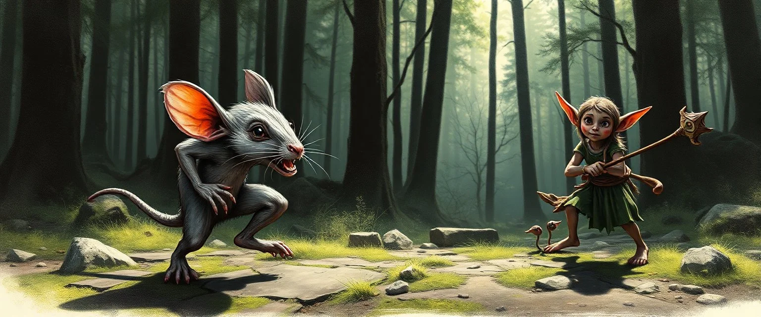 rat gremlin elf halfling pixie runner, airbrush and pen outline, realistic 3d rendering with high contrast forest background