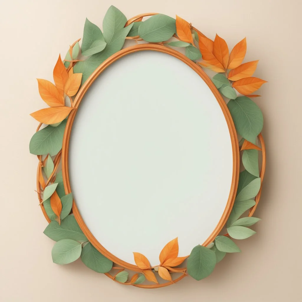 Oval picture frame in the colors mango and light green leaves and some light orange all on a light background