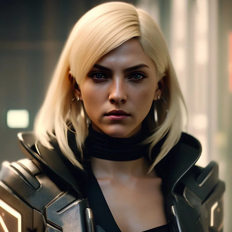 Photorealistic headshot of a fierce blonde assassin cyberpunk dynamic pose