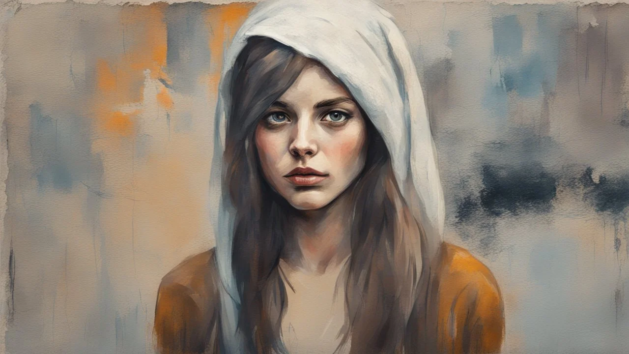 A portrait of a standing against the city wall sad beautiful young skinned woman with a head covering, looking straight in the camera painted in loose brushstrokes by expresiionist art