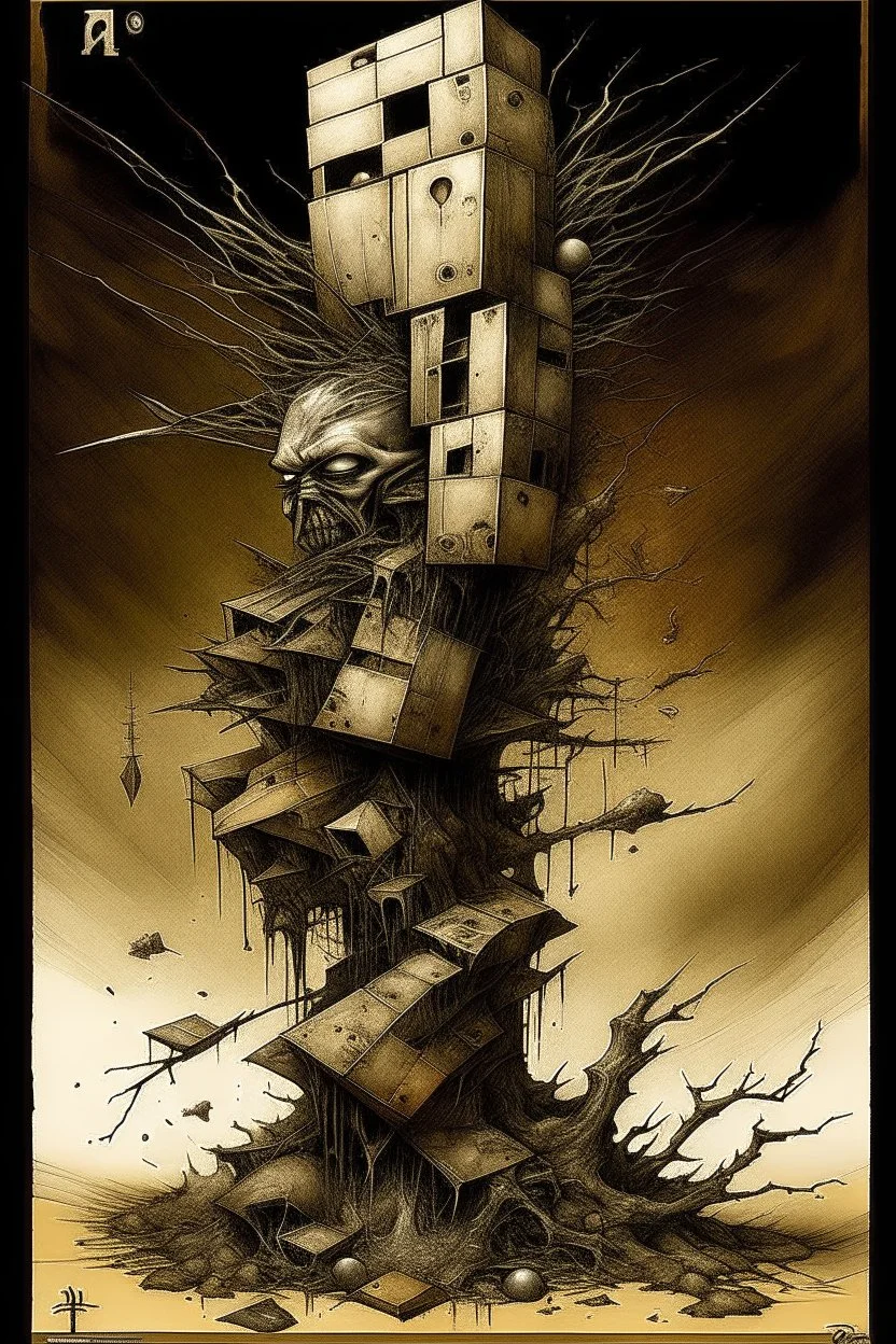 Strychnine totem, abstract surrealism, by Phlegm and Dave McKean, silkscreened mind-bending illustration; warm colors, off-centered fragmented composition, multiple stages of grief, dark shines war,